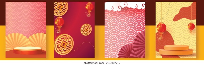 fondo de año nuevo chino diseño de podio de vector rojo oro patrón gráfico tarjeta de plantilla moderna