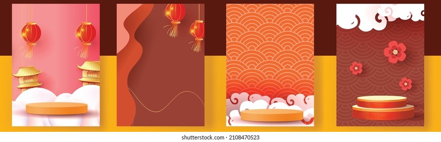 chinese new year set backgrounds  gold red vector podium design graphic pattern modern template card