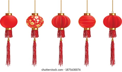 Chinese New Year. Set of five different red Chinese lanterns on a white background. Highly realistic illustration.