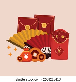 Chinese new year set including fan, red envelope, and gold coin money. CNY vector illustration.