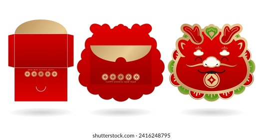 Chinese New Year set of red envelopes. Vector illustration on dragon face isolated white backgrounds for greeting cards, angpao, letterpress golden foil envelopes, oriental festival stickers labels