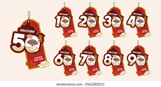 Chinese New Year, Set Of Sale 10%, 20%, 30%, 40%, 50%, 60%, 70%, 80%, 90% Discount Tags. Sale badges template. Sale offer price sign. Special offer symbol. Discount promotion. Discount badge shape