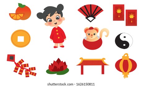 Chinese New Year set sticker cartoon style. Chinese girl with cute rat,envelope,gold,lantern,firecracker, and chinese symbol isolated with white background
