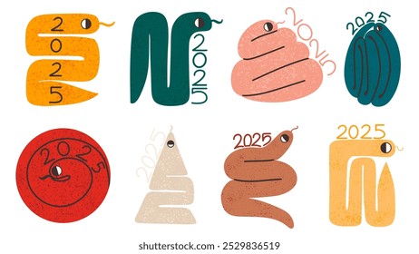 Chinese New Year  set with symbol 2025 snake. Different geometric shake design. Lunar new year vector illustration. 