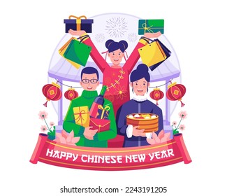 Chinese new year shopping with Asian Young People holding gift boxes and shopping bags. People buy presents and goods to celebrate the new year. Vector illustration in flat style