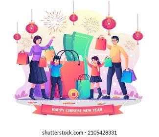 Chinese new year shopping concept with Family with their children buying goods near a big shopping bag, coin money and cash on Flat style vector illustration