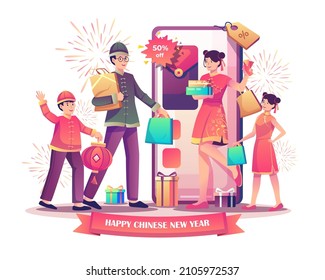 Chinese new year shopping concept with Happy Asian Family holding shopping bags and gifts near a big smartphone on Flat style vector illustration