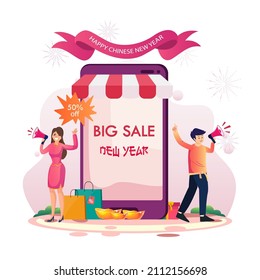 Chinese new year shopping concept, Sales and discounts. with girl and boy holding megaphone near big smartphone. Flat vector template style Suitable for Web Landing Pages.