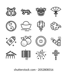 Chinese New Year Sign Black Thin Line Icon Set Include of Tiger, Money, Firecracker,Fan and Lantern. Vector illustration of Icons
