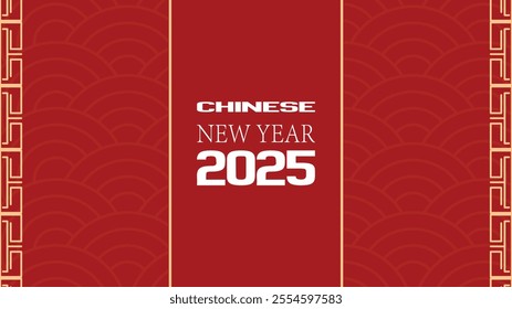 Chinese New Year. Simple red and gold banner with Chinese New Year 2025 text in english, wave pattern background, and geometric frame