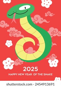 Chinese new year of the snake 2025 greeting card. Funny cartoon snake on auspicious clouds pattern with plum blossoms. Cute zodiac snake sticking its tongue out.