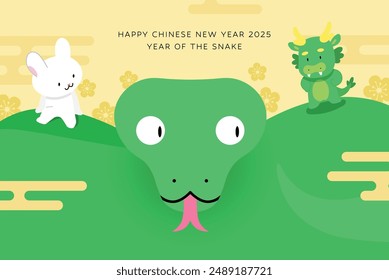 Chinese new year of the snake 2025 card. Three zodiac animals snake, dragon and rabbit for fomer new year of the rabbit and new year of the dragon.