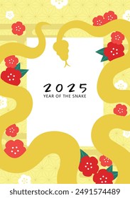  Plantilla de marco de Vector del año nuevo chino de la serpiente 2025. Tarjeta de felicitación 2025 marco con serpiente del zodíaco y camelias de flores rojas.