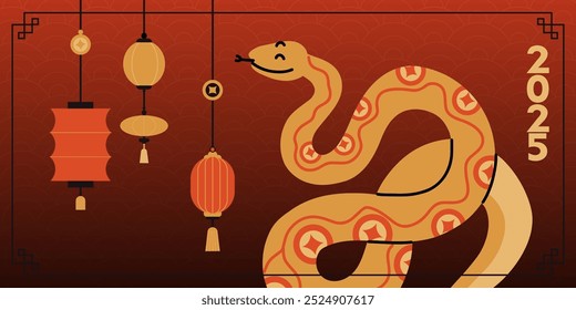 Cobra de Ano Novo Chinesa. Banner de férias de 2025. Serpente dourada sobre fundo vermelho. Mascote animal do zodíaco. Caractere de horóscopo, ornamento tradicional asiático. Cartaz de felicitações. Ilustração vetorial