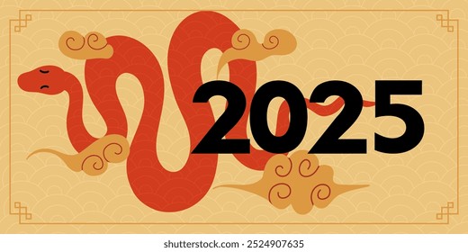 Chinese New Year snake. 2025 holiday banner. Golden serpent on red background. Zodiac animal mascot. Horoscope character, traditional Asian ornament. Congratulation poster. Vector illustration