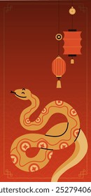 Chinese New Year snake. 2025 holiday banner. Golden serpent on red background. Zodiac animal mascot. Horoscope character, traditional Asian ornament. Congratulation poster. Vector illustration