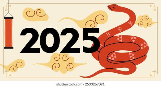 Chinese New Year snake. 2025 holiday banner. Golden serpent on red background. Zodiac animal mascot. Horoscope character, traditional Asian ornament. Congratulation poster. Vector illustration