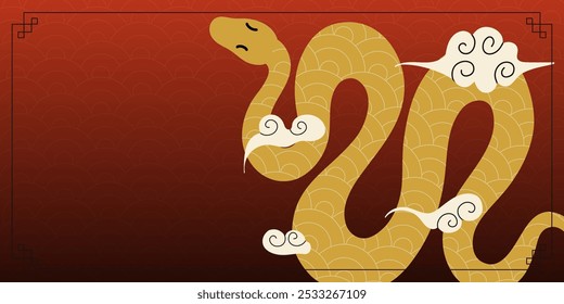 Chinese New Year snake. 2025 holiday banner. Golden serpent on red background. Zodiac animal mascot. Horoscope character, traditional Asian ornament. Festive congratulation poster. Vector illustration