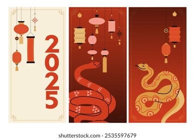 Chinese New Year snake. 2025 holiday banner. Golden serpent on red background. Zodiac animal mascot. Horoscope character, traditional Asian ornament. Congratulation poster. Vector illustration