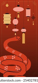 Chinese New Year snake. 2025 holiday banner. Golden serpent on red background. Zodiac animal mascot. Horoscope character, traditional Asian ornament. Congratulation poster. Vector illustration