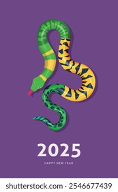 Chinese New Year Snake 2025 modern art design Set for branding cover, greeting card, poster, banner. zodiac symbol. Violet and green colors