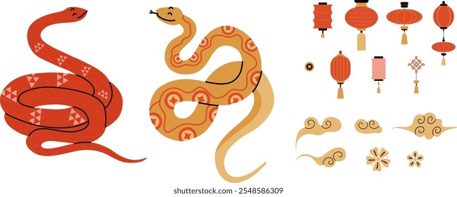 Chinese New Year snake. 2025 holiday horizontal. Golden serpent on red background. Zodiac animal mascot. Horoscope character, traditional Asian ornament. Congratulation poster. Vector illustration