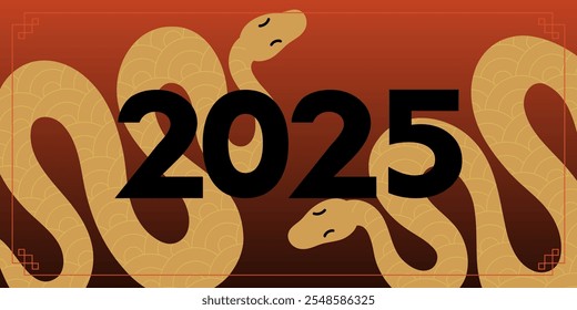 Chinese New Year snake. 2025 holiday banner. Golden serpent on red background. Zodiac animal mascot. Horoscope character, traditional Asian ornament. Congratulation poster. Vector illustration