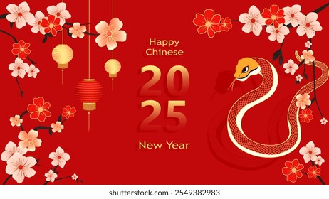 Chinese New Year of the Snake 2025. Beautiful 
festive New Year background with a snake and branches of a flowering tree. Happy Chinese New Year 2025. Banner, poster, background.
