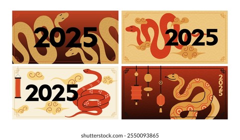 Chinese New Year snake. 2025 holiday banner. Golden serpent on red background. Zodiac animal mascot. Horoscope character, traditional Asian ornament. Congratulation poster. Vector illustration