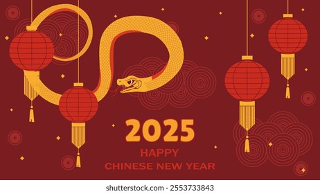 Chinese New Year of the Snake 2025 background. Vector illustration for Chinese New Year with a wriggling snake, lanterns, flares, stars and lights.	