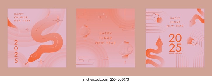 Chinese New Year. Year of the snake. Chinese New Year 2025. Modern vector design set in gradient orange and pink colors for social media post, greeting card, banner. Chinese zodiac snake.