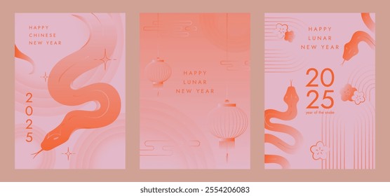 Chinese New Year. Year of the snake. Chinese New Year 2025. Modern vector design set in gradient orange and pink colors for poster, greeting card, banner, cover. Chinese zodiac snake. Lunar New Year