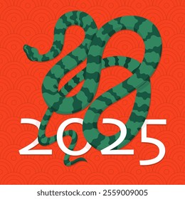 Chinese New Year of the Snake 2025 poster. Template of greeting banner with wriggling snake. Cover for calendar or postcard. Vector illustration.