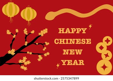 Chinese New Year of Snake 2025 with gold snakes, flowers, coin, gold, lantern | Lunar new year 2025 | Festive Gift Card Templates | Festive Ads, Web Poster, Flyers, Brochures, Greeting Cards, Elements