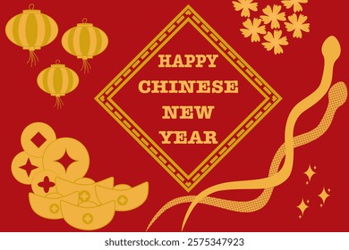 Chinese New Year of Snake 2025 with gold snakes, flowers, coin, gold, lantern | Lunar new year 2025 | Festive Gift Card Templates | Festive Ads, Web Poster, Flyers, Brochures, Greeting Cards, Elements