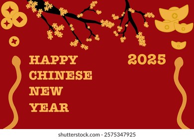 Chinese New Year of Snake 2025 with gold snakes, flowers, coin, gold, lantern | Lunar new year 2025 | Festive Gift Card Templates | Festive Ads, Web Poster, Flyers, Brochures, Greeting Cards, Elements