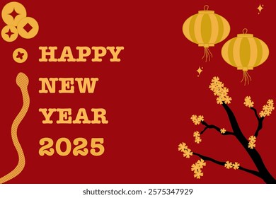 Chinese New Year of Snake 2025 with gold snakes, flowers, coin, gold, lantern | Lunar new year 2025 | Festive Gift Card Templates | Festive Ads, Web Poster, Flyers, Brochures, Greeting Cards, Elements