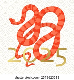 Chinese New Year of the Snake 2025 poster. Template of greeting banner with wriggling snake. Cover for calendar or postcard. Vector illustration.