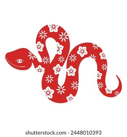 Chinese New Year snake character vector. Zodiac sign year of the snake with cherry blossom flower pattern on snake red color. Illustration design of background, card, sticker, calendar.