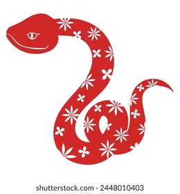 Chinese New Year snake character vector. Zodiac sign year of the snake with cherry blossom flower pattern on snake red color. Illustration design of background, card, sticker, calendar.