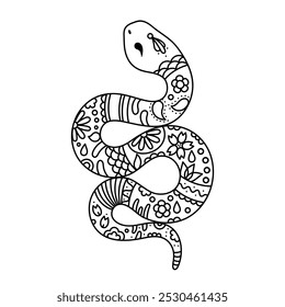 Chinese New Year snake character. Symbol of New Year 2025 snake with patterns in linear style. Zodiac sign year of the snake with flowers pattern. Illustration design of card, sticker, calendar.