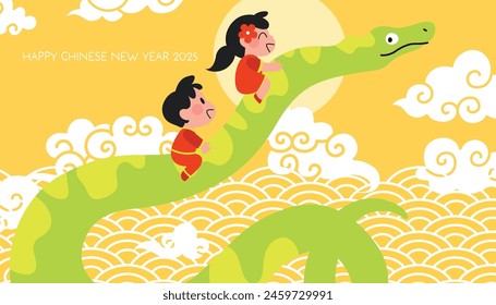 Chinese new year of the snake children riding zodiac snake. Lunar new year 2025 with two kids on a snake.