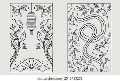 Chinese new year, year of the snake coloring page. lineart design.