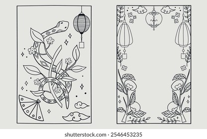 Chinese new year, year of the snake coloring page. lineart design.