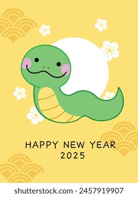 Chinese new year of the snake cute cartoon drawing. Happy lunar new year 2025 greeting card with cartoon zodiac snake.