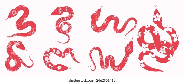 Chinese New Year snake design vector set. Element zodiac sign year of the snake with cherry blossom flower pattern on snake red color. Illustration design of background, card, sticker, calendar.