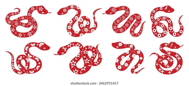 Conjunto de Vector de diseño de serpiente del Año Nuevo chino. Elemento signo del zodiaco año de la serpiente con el patrón de flor de cerezo en color rojo serpiente. Diseño de ilustración de fondo, tarjeta, pegatina, calendario.