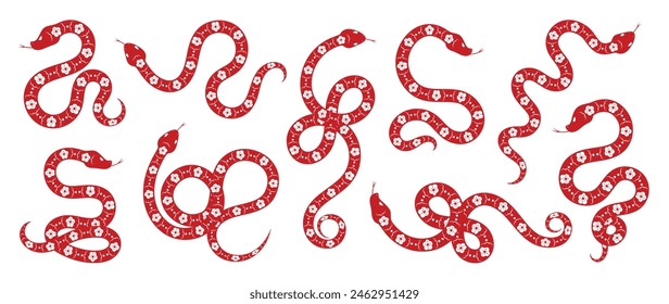 Conjunto de Vector de diseño de serpiente del Año Nuevo chino. Elemento signo del zodiaco año de la serpiente con el patrón de flor de cerezo en color rojo serpiente. Diseño de ilustración de fondo, tarjeta, pegatina, calendario.