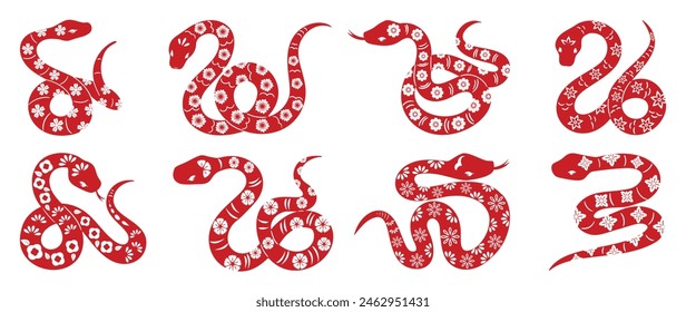 Chinese New Year snake design vector set. Element zodiac sign year of the snake with cherry blossom flower pattern on snake red color. Illustration design of background, card, sticker, calendar.