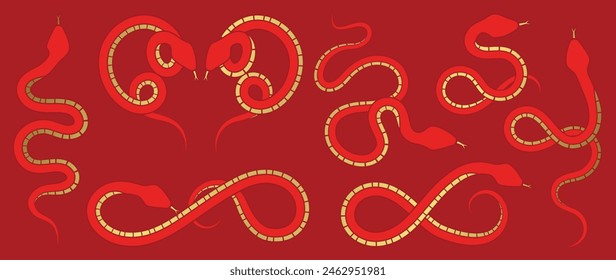 Chinese New Year snake design vector set. Element zodiac sign year of the snake with gold and red color. Illustration design of background, card, sticker, calendar.